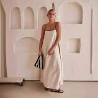 Fashionable contrasting color cotton leprosy suspender large hem dress