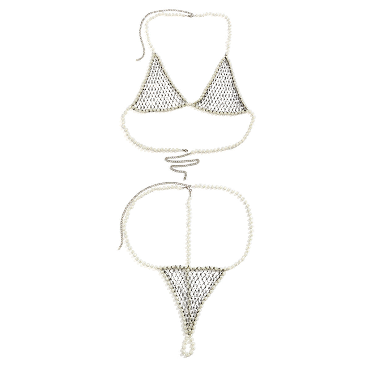 Women's sexy and simple imitation pearl woven chest chain set, new creative fishing net waist chain