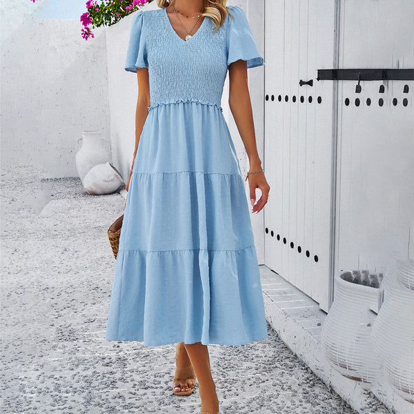 Women's spring and summer temperament casual solid color V-neck short sleeved dress