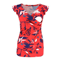 Pregnant women's fashionable printed deep V-neck cross breastfeeding T-shirt