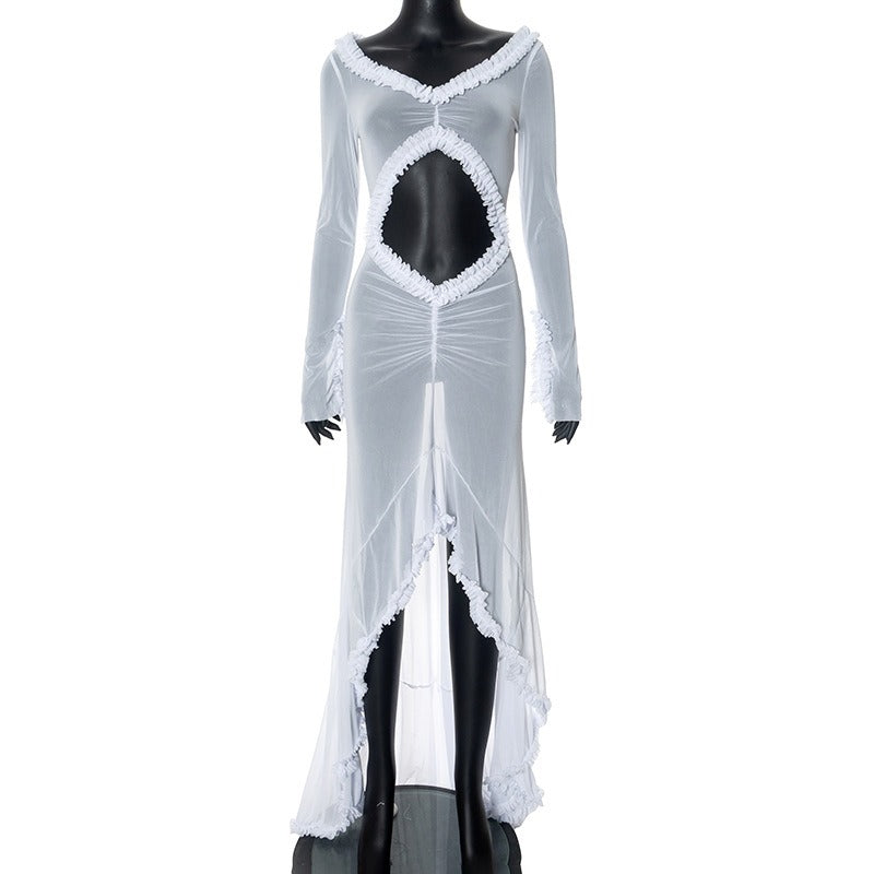 New Solid Color Long Sleeve Perspective Low cut Sexy Dress