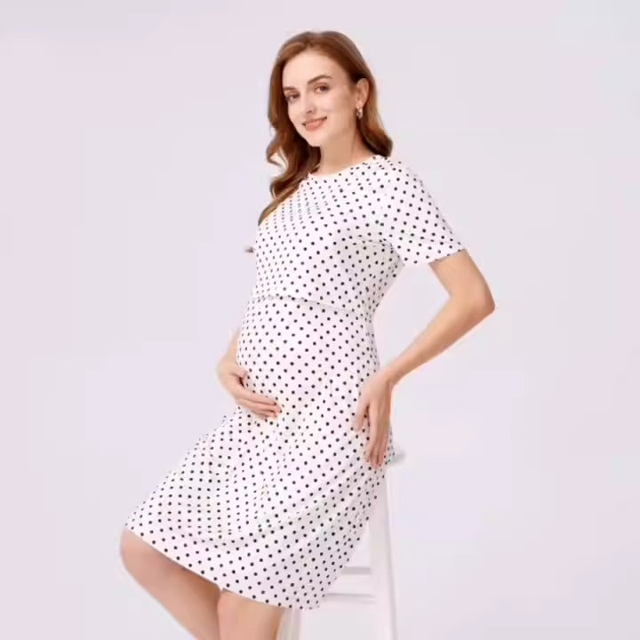 Pregnant women's polka dot round neck short sleeved nursing dress