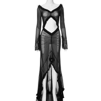 New Solid Color Long Sleeve Perspective Low cut Sexy Dress