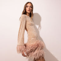 European and American waist length sexy short skirt dress with large backless long sleeved sequin feather dress
