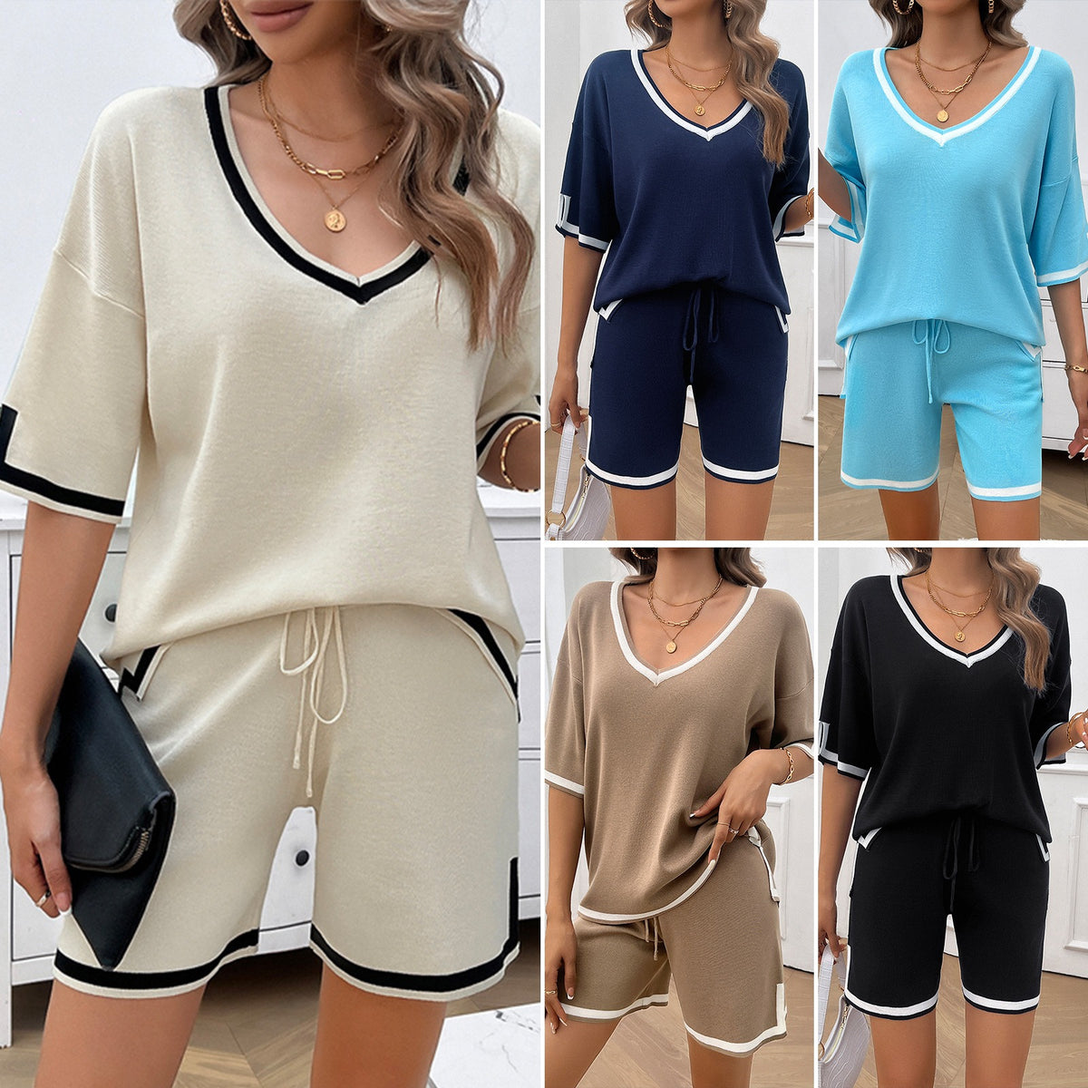 Spring/Summer Women's Casual Loose V-neck Sweater Set