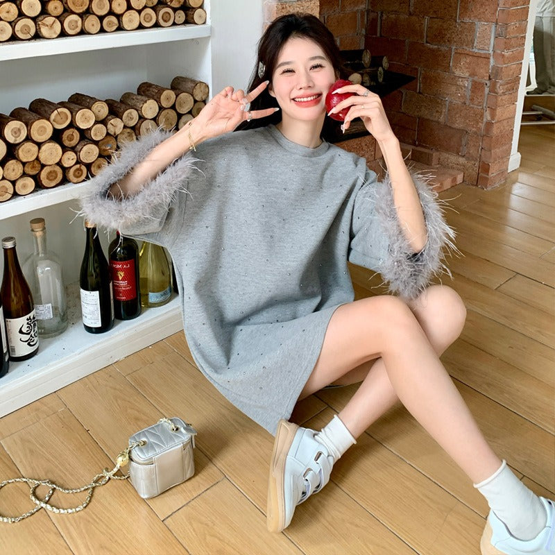 High end loose fitting casual short sleeved plush T-shirt skirt