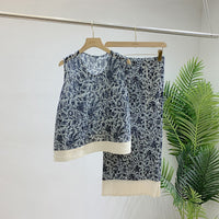 Blue printed pleated irregular vest+straight half skirt two-piece summer new fashion set for women