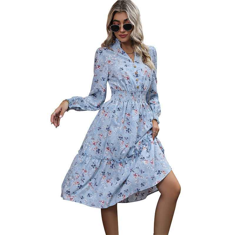 Spring and Autumn Popular Multi Color European and American Women's Long Sleeve Floral Dress