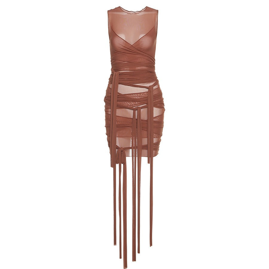 Sexy slim fit mesh dress dopamine summer outfit with a youthful and sweet spicy style