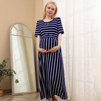 New fashionable European and American maternity striped round neck breastfeeding dress