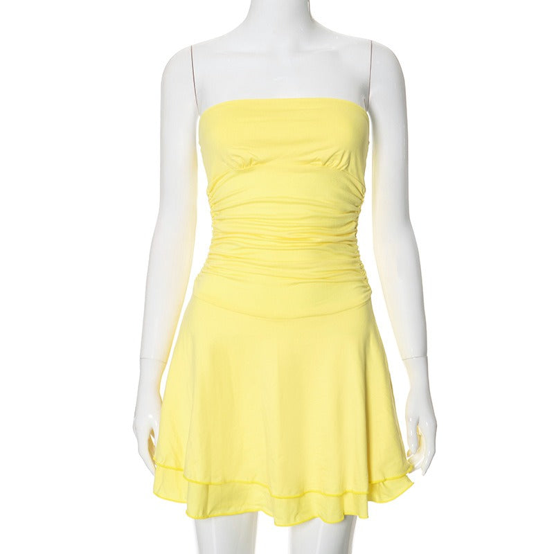 New Fashion Slim Fit High Waist Pleated Skirt Solid Color Bra Dress