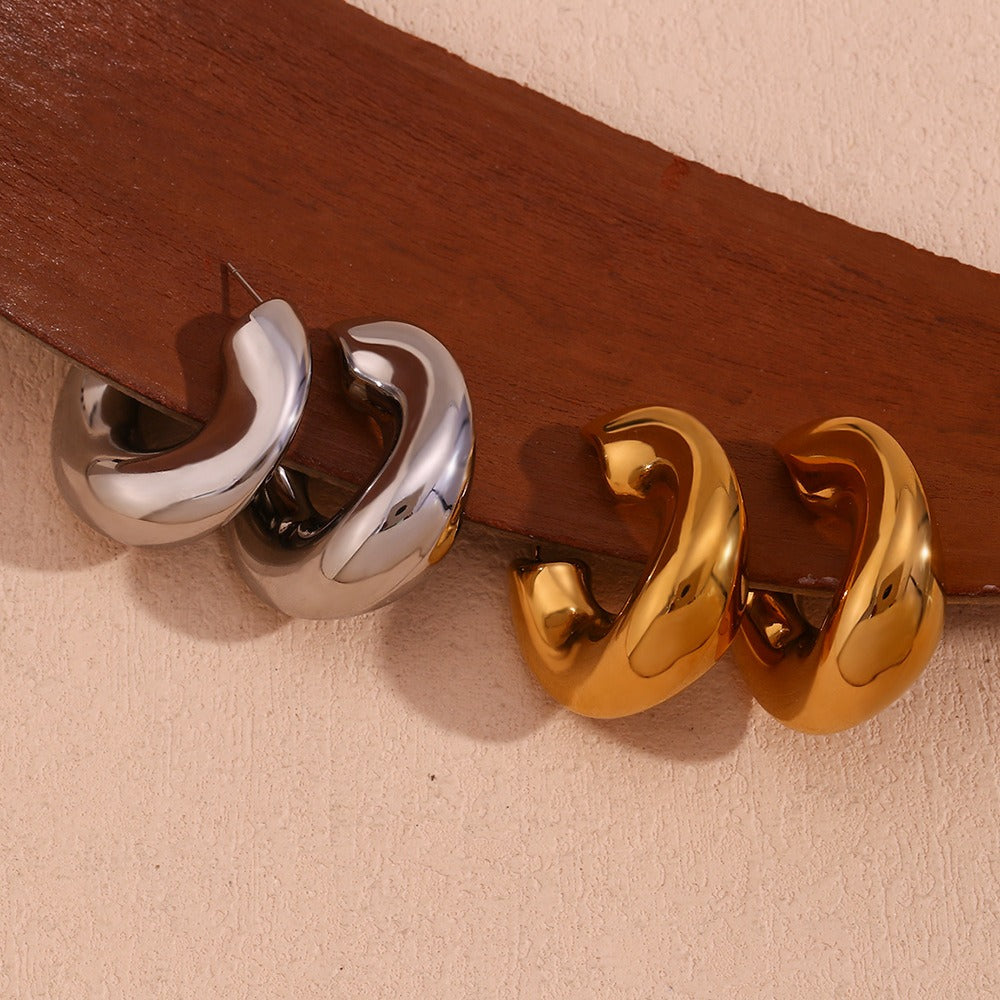 Irregular streamlined round earrings, stainless steel gold earrings, female