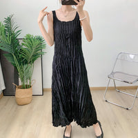 Pleated camisole dress for women's summer black retro long mini black dress