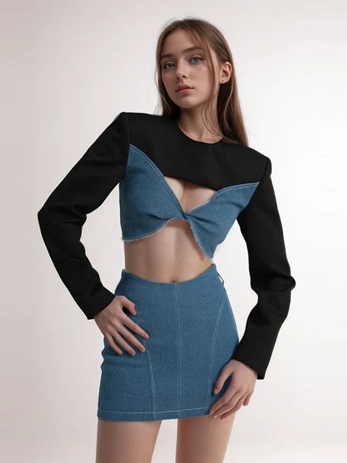 New European and American sexy style design with patchwork bow top and short A-line skirt fashion set