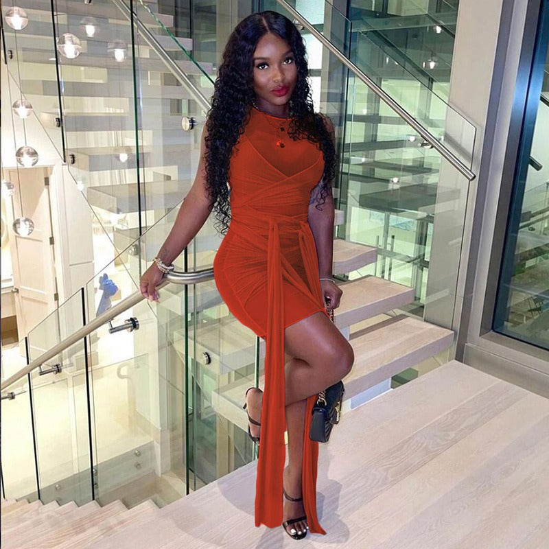 Sexy slim fit mesh dress dopamine summer outfit with a youthful and sweet spicy style