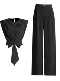 Sleeveless bow top+high waisted straight leg pants summer set