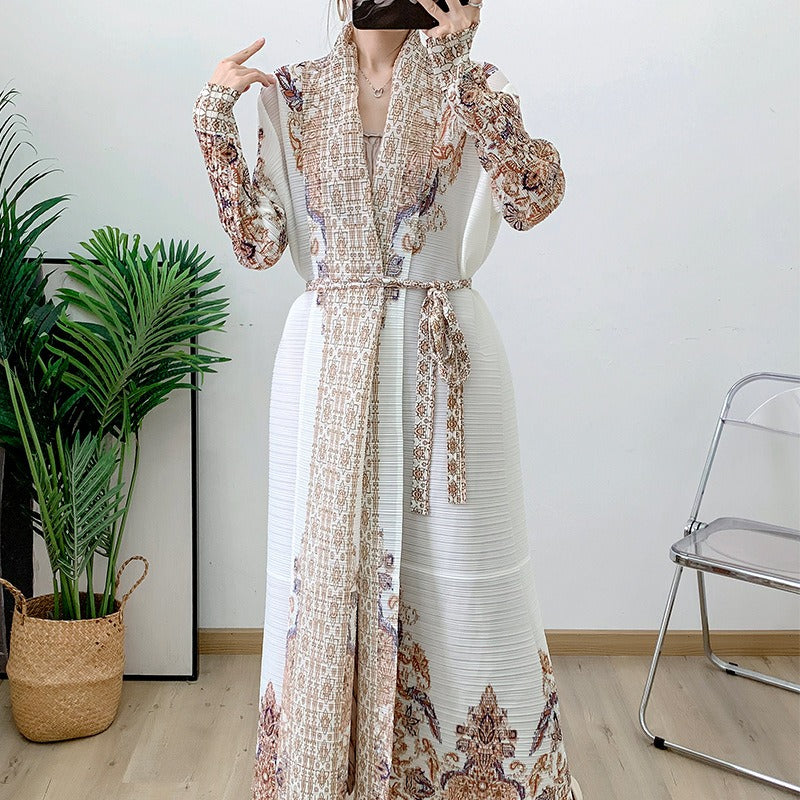 Beige pleated coat cape printed women's Arabic robe