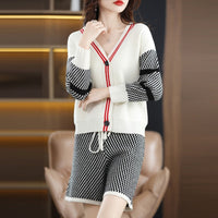 Hong Kong style women's small fragrant style two-piece cardigan shorts fashion V-neck wool sweater knitted set