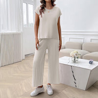 Spring and summer European and American women's clothing temperament casual solid color sweater set