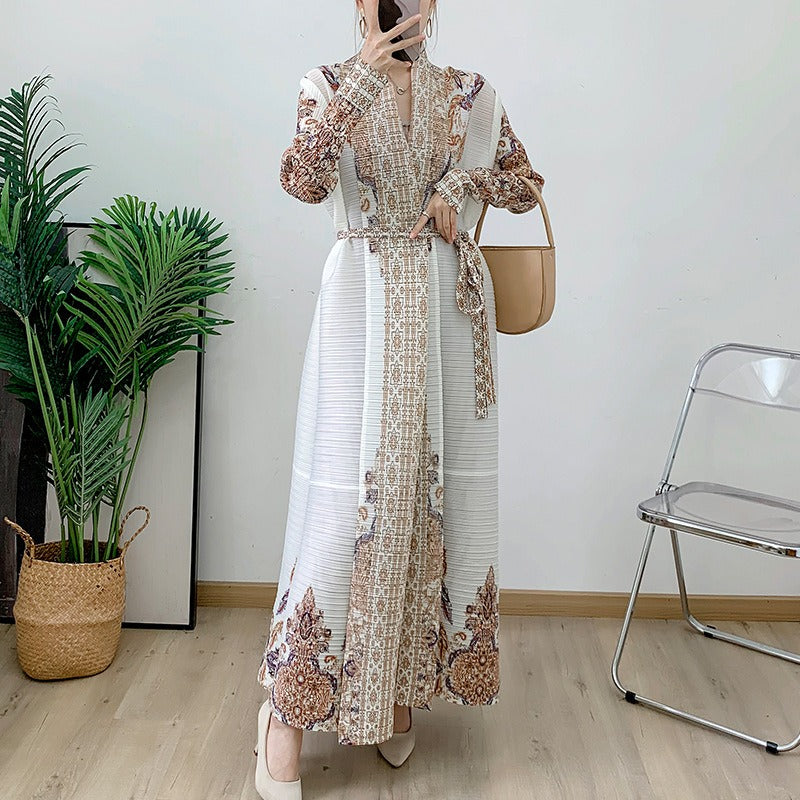 Beige pleated coat cape printed women's Arabic robe