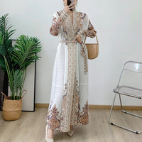 Beige pleated coat cape printed women's Arabic robe
