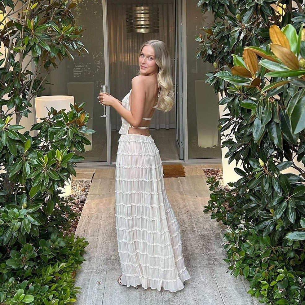 Open back lace up neck top set with wooden ear edge chiffon pleated long skirt two-piece set