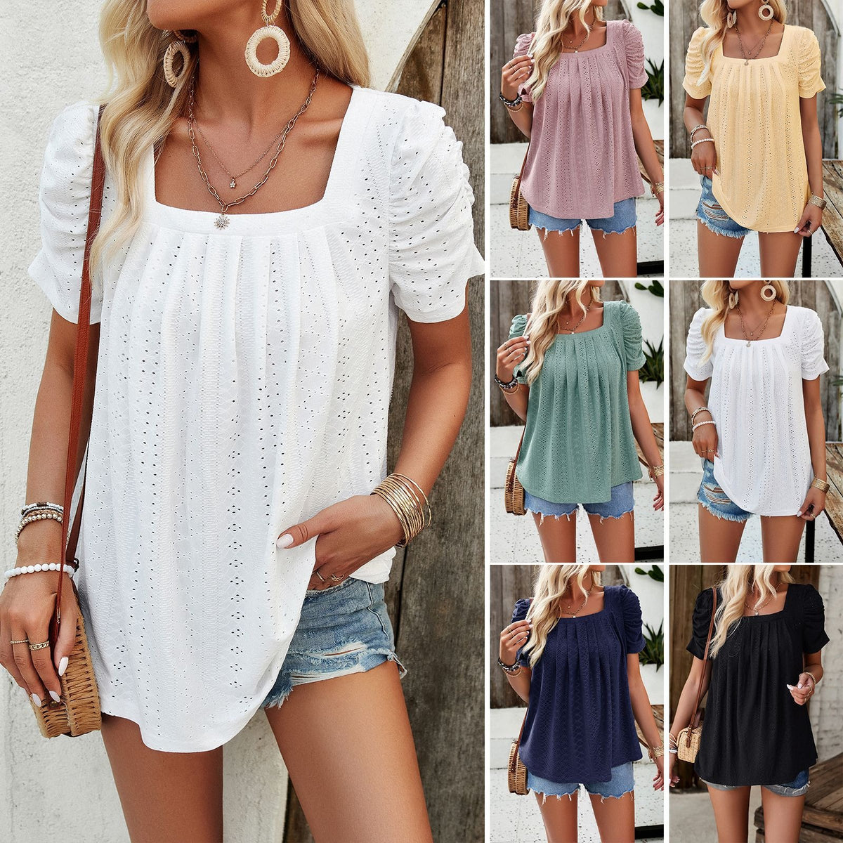 Spring/Summer Casual Solid Color Square Neck Shirt Top