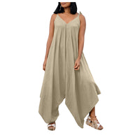 Fashionable solid color suspender backless V-neck sleeveless loose wide leg pants multi-color jumpsuit