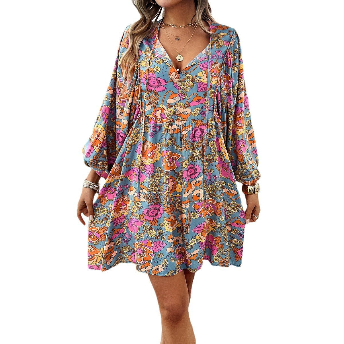 Women's Foreign Trade Shein Independent Station 2024 Spring/Summer Leisure Holiday Printed Long sleeved Dress