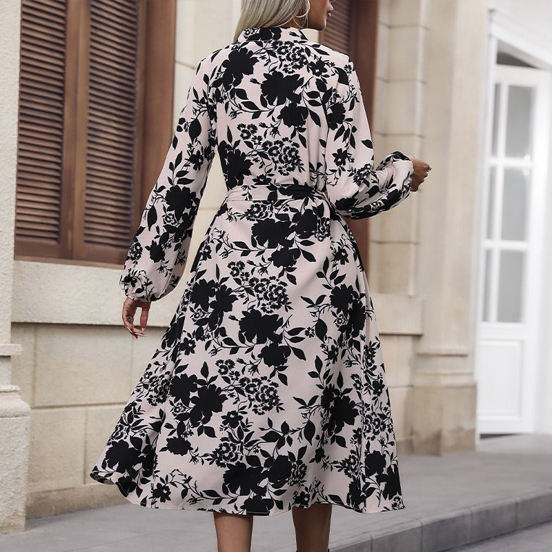 Spring and autumn fashion European and American temperament women's printed standing collar long sleeved dress