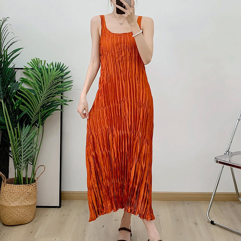 Pleated camisole dress for women's summer black retro long mini black dress