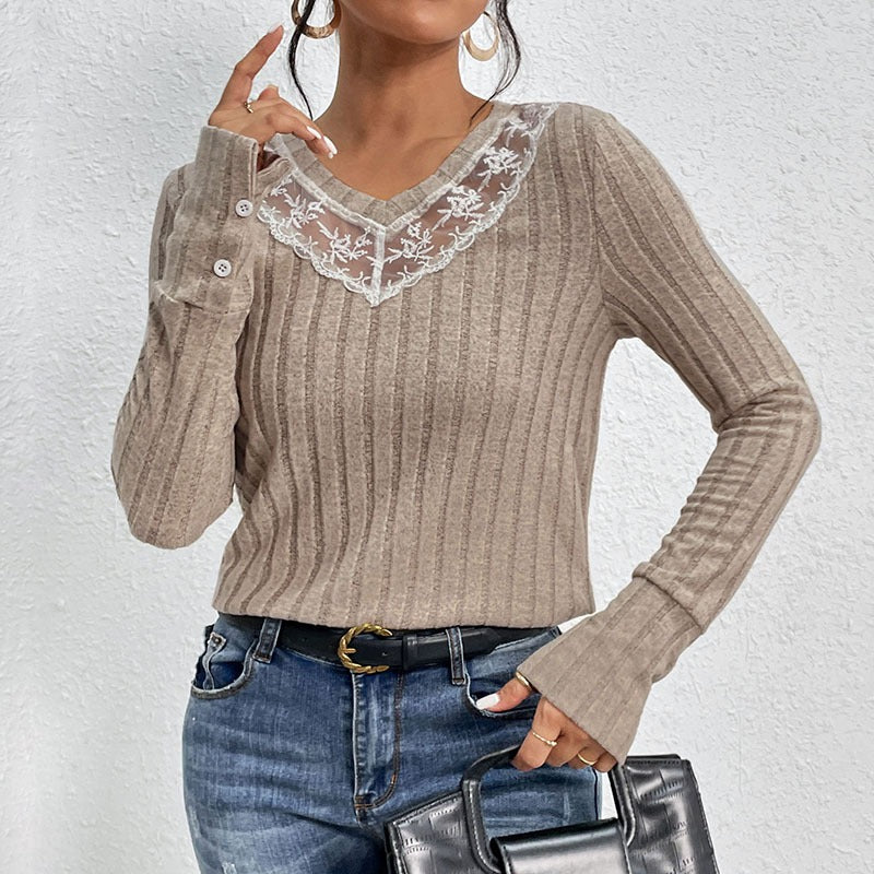 Spring and Autumn New Product European and American Women's Splicing Solid Color Long Sleeve V-neck Knitted Shirt