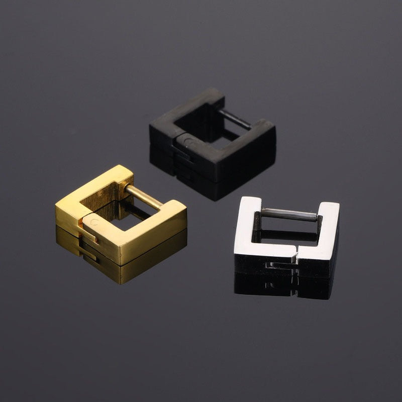 Square earrings with simple geometric smooth surface and titanium steel buckle