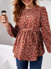 Pregnant women's shirt, floral print, long sleeved round neck button up waist belt, ruffled edge top