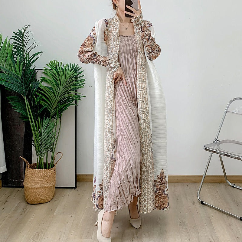 Beige pleated coat cape printed women's Arabic robe