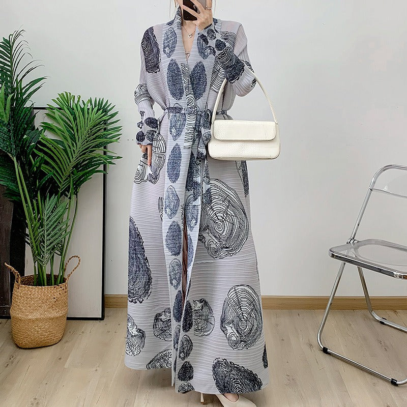 Long trench coat women's pleated loose print Middle Eastern cardigan long robe trend