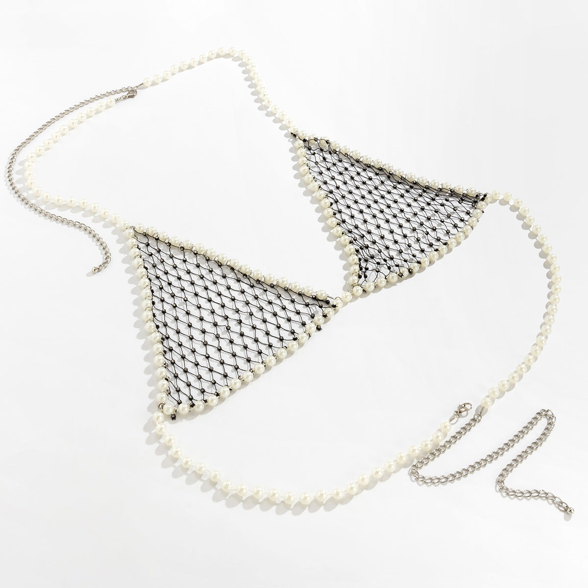 Women's sexy and simple imitation pearl woven chest chain set, new creative fishing net waist chain