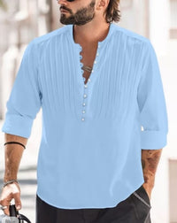 Cotton and Linen Mens Casual Button Round Neck Solid Standing Collar Shirt