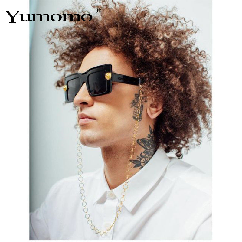 New Wide Flat Top Sunglasses Classic Versatile Retro Diamond-studded Metal Leopard Head Trend Sunglasses
