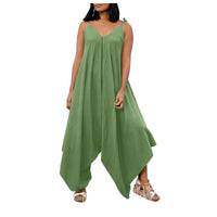 Fashionable solid color suspender backless V-neck sleeveless loose wide leg pants multi-color jumpsuit