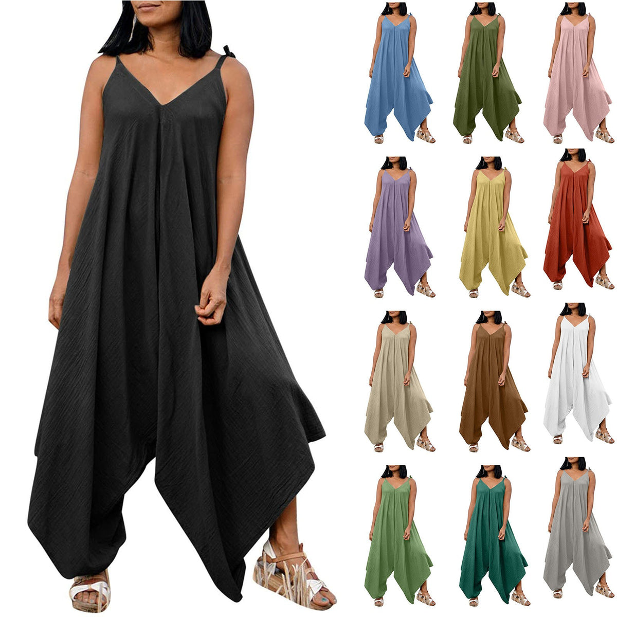 Fashionable solid color suspender backless V-neck sleeveless loose wide leg pants multi-color jumpsuit