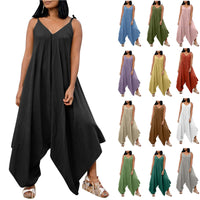 Fashionable solid color suspender backless V-neck sleeveless loose wide leg pants multi-color jumpsuit