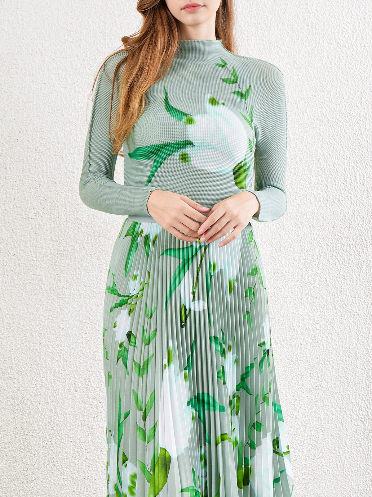 طقم مكون من قطعتين بنصف تنورة، طقم تنورة نسائية مطبوعة بأكمام طويلة