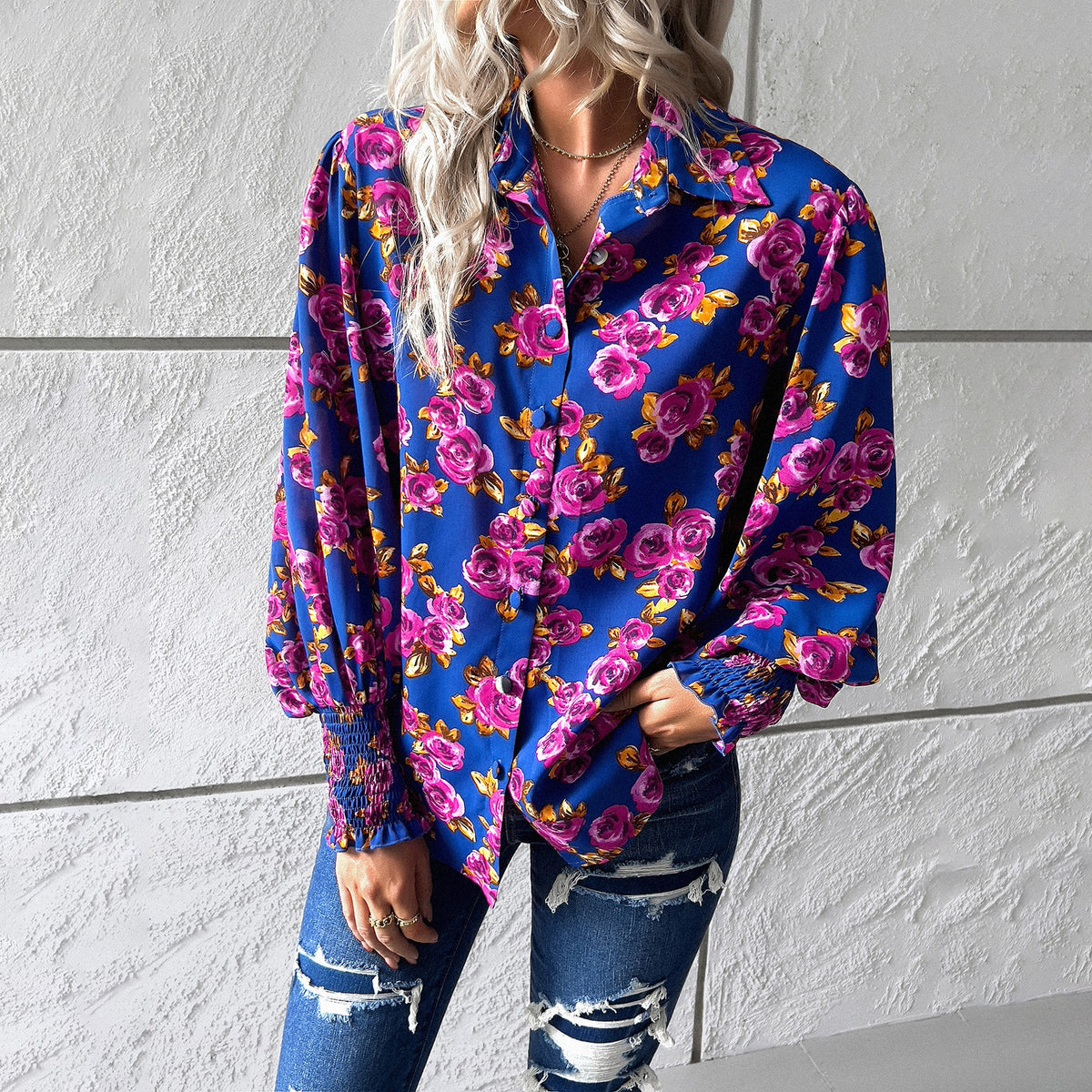 European and American women's clothing Amazon Spring/Summer temperament casual printed lantern sleeve shirt