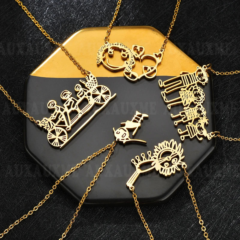 DIY Cutsom Drawing Art Necklaces Personalized Stainless Steel Kids Artwork Logol Pendant Jewelry Gifts for Family Children