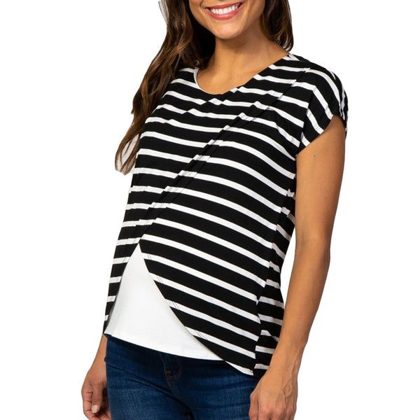 Pre - and post pregnancy maternity striped patchwork multi-layer wrap breastfeeding top