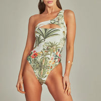 Single shoulder hollowed out tropical jungle printed one piece swimsuit for women