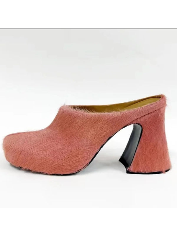 Round headed candy colored genuine leather horse hair with raised height inside casual lazy half slippers for women