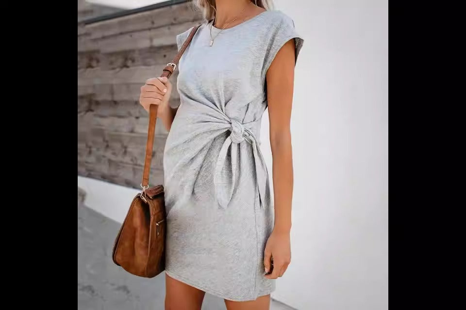 Summer and Autumn European and American New Solid Color Lace up Waist Waist Pregnant Women's Dress Soft and Comfortable Cotton