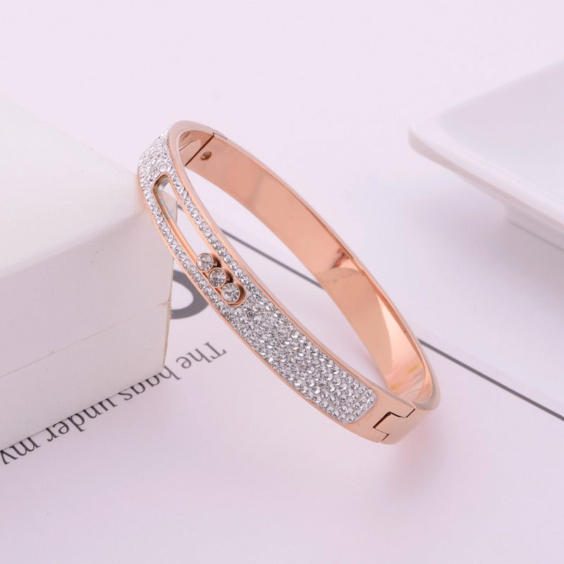 Handmade titanium steel movable three diamond rose gold women's bracelet with versatile and fashionable charm